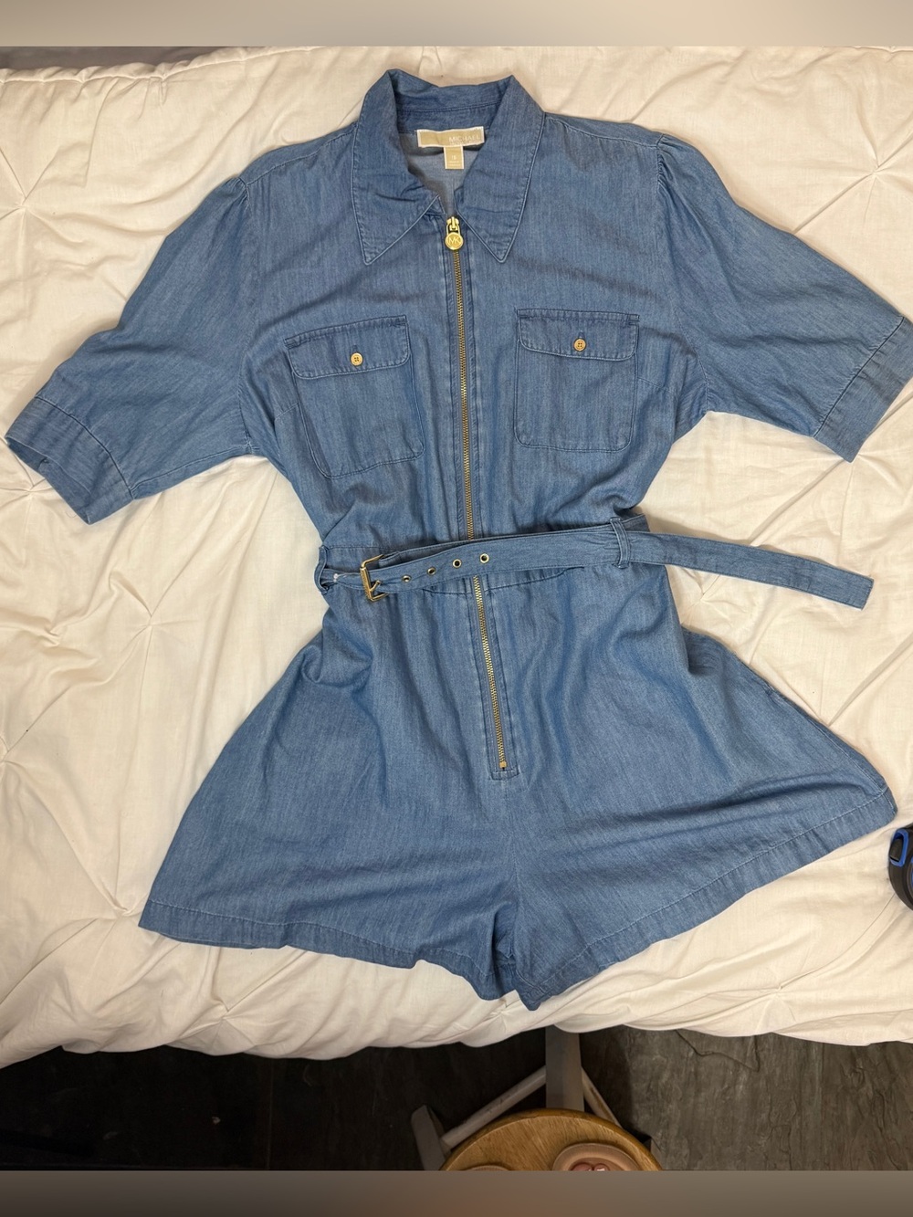 MICHAEL Michael Kors Denim Zip Romper in Blue with Belt